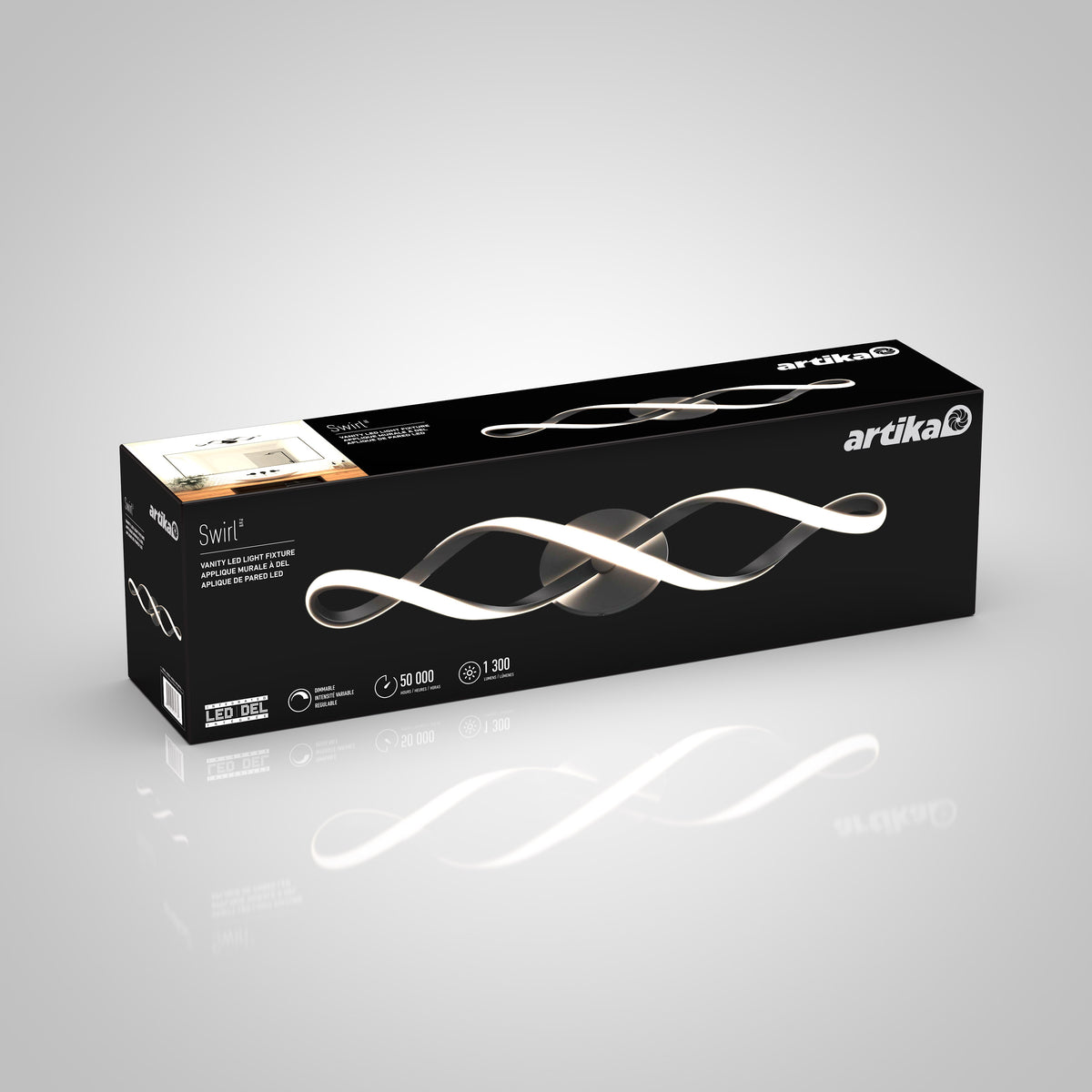 Box for the Artika Swirl LED light fixture, featuring an image of the wavy, modern light on a black background along with product details and branding.