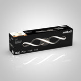 Box for the Artika Swirl LED light fixture, featuring an image of the wavy, modern light on a black background along with product details and branding.