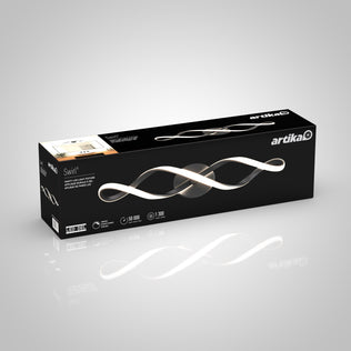 A black rectangular box for the Artika Swirl LED bathroom vanity light features an image of its modern wavy design and product details on the front.