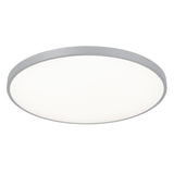 A round, modern ceiling light fixture with a silver-colored rim and a smooth, white diffused center, viewed from below against a plain white background.
