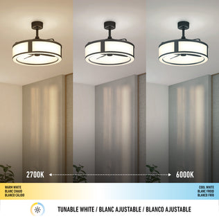 Artika Huxley 23 in. LED ceiling fan shown with 3 color temps: warm, neutral, and cool white above a temperature scale.