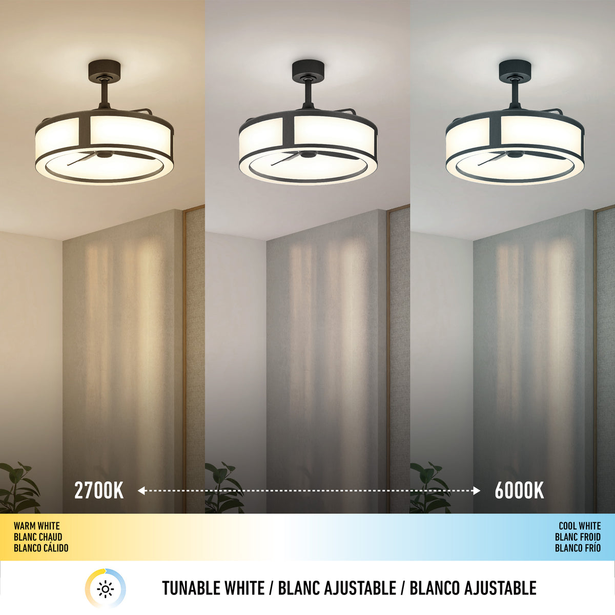 Ceiling light fixture shown with three color temperatures: left side emits warm white (2700K), center is neutral, and right side emits cool white (6000K). Room background changes with each light setting.