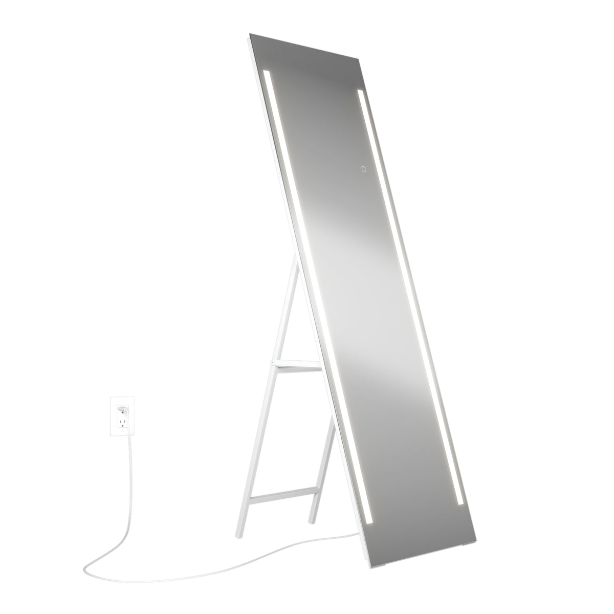 A tall, rectangular, freestanding mirror with LED light strips on both sides is leaning on a white frame. It is plugged into a wall outlet with a white power cord. The background is plain white.