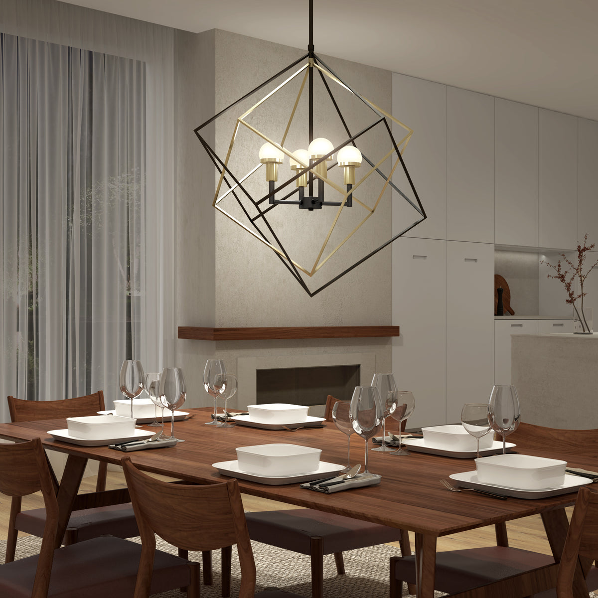 A modern dining room with a wooden table set for six, featuring square white plates, wine glasses, and cutlery. A geometric pendant light hangs above the table. The background shows a minimalist kitchen and large curtains.