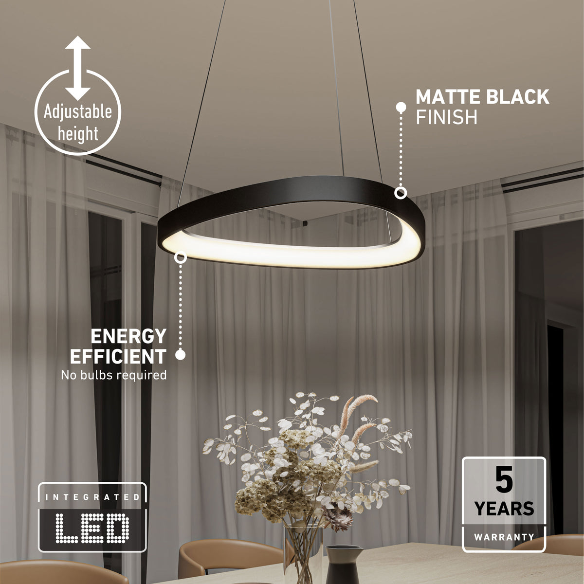 The Bjorn modern LED pendant by Artika offers 5 CCTs, adjustable height, and integrated LEDs in a sleek black design for tables.