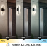 A modern outdoor wall light is shown illuminating a doorway at three different color temperatures: 3000K (warm white), 4000K (neutral white), and 5000K (cool white), with corresponding lighting effects on the entrance.
