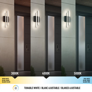 Three side-by-side images display the Artika Grid indoor-outdoor LED wall light by a front door with warm (3000K), neutral (4000K), and cool white (5000K) lighting, illustrating its tunable white options.