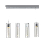 A modern rectangular ceiling light fixture with four cylindrical glass pendant lights, each suspended by a thin wire and featuring a chrome accent at the top.