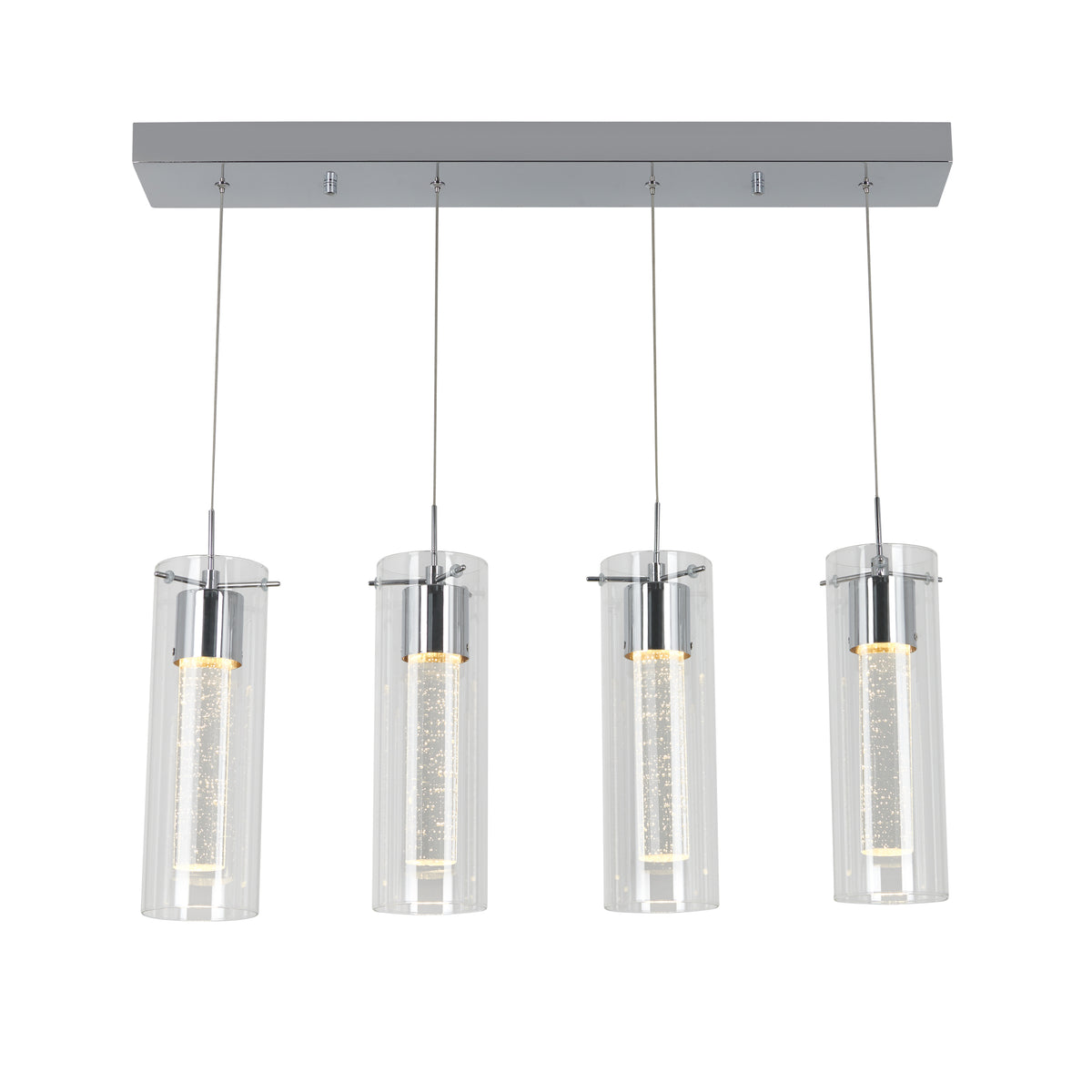 The Artika Essence 4-light LED pendant features four cylindrical glass lights, each suspended from a rectangular metallic base by thin wires, with inner textured glass tubes that emit a soft glow.