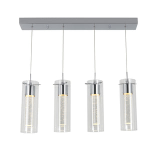 The Artika Essence 4-light LED pendant features four cylindrical glass lights, each suspended from a rectangular metallic base by thin wires, with inner textured glass tubes that emit a soft glow.