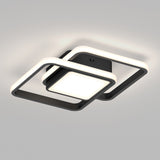A modern ceiling light fixture with two overlapping, illuminated square frames and a central square light, mounted on a white ceiling. The design is sleek and minimalist in black and white tones.