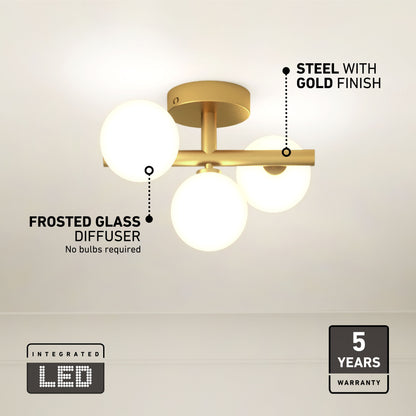 The Artika Bloom modern mid-century LED flush mount light features four glowing frosted glass globes, a gold steel base, integrated LEDs with 5 CCT, “no bulbs required,” and a 5-year warranty.