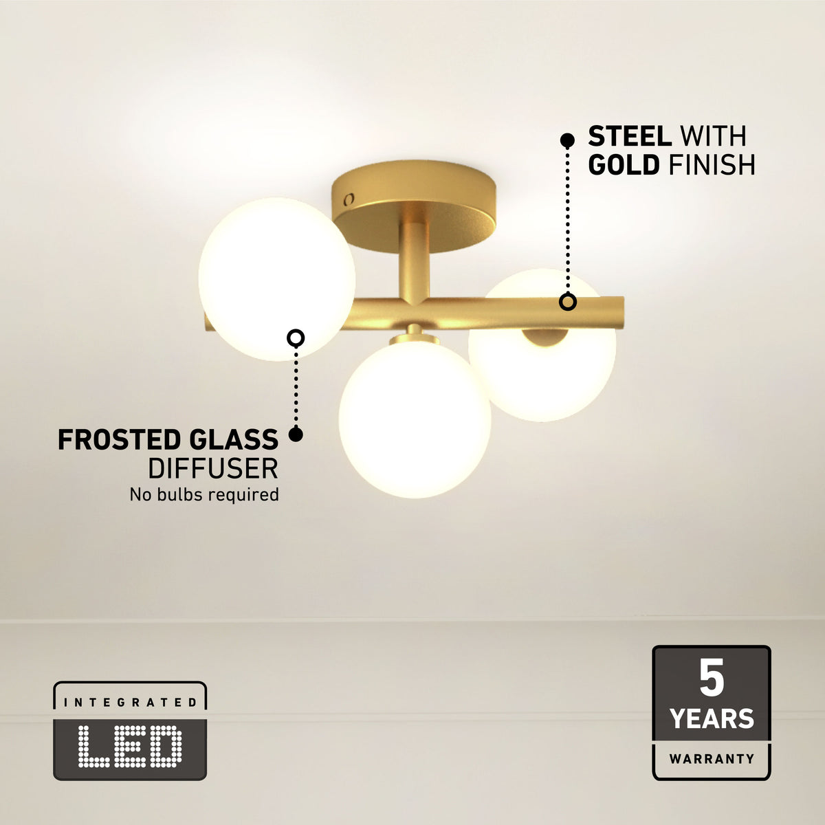 A modern ceiling light fixture with four frosted glass globes and a steel base in a gold finish. Labels highlight Frosted Glass Diffuser, Steel with Gold Finish, Integrated LED, and 5 Years Warranty.