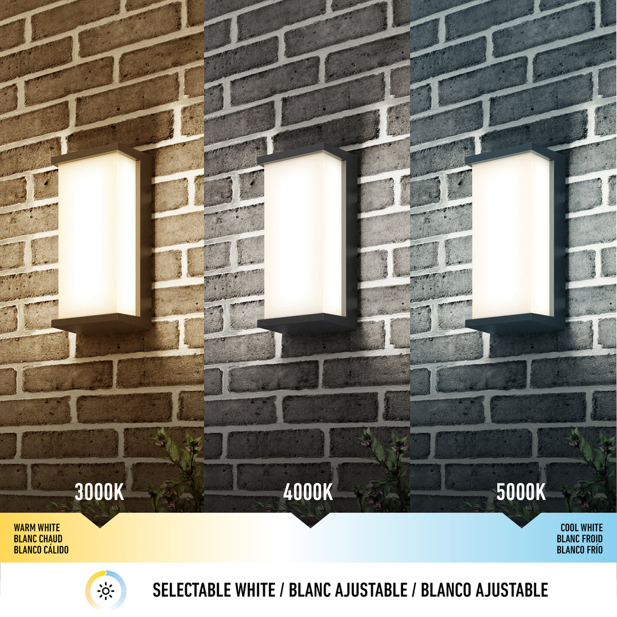 A wall-mounted light fixture is shown in three color temperatures: warm white (3000K), neutral white (4000K), and cool white (5000K), each illuminating a brick wall with different tones.