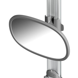 The Artika Neptune shower caddy features an oval adjustable mirror with a gray frame attached to an adjustable pole and includes three baskets, all shown against a white background.