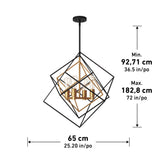 Modern geometric pendant light with overlapping black and gold metal frames, containing multiple bulbs. Dimensions: height adjustable from 92.71 cm (36.5 in) to 182.8 cm (72 in); width is 65 cm (25.2 in).