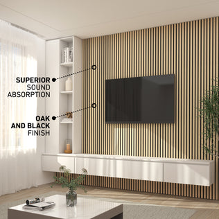 Modern living room featuring Artika’s Sonolok sound-absorbing wall panel kit in an oak and black finish, with a mounted TV, white floating shelves and cabinet, a large window with sheer curtains, and labeled Superior Sound Absorption.