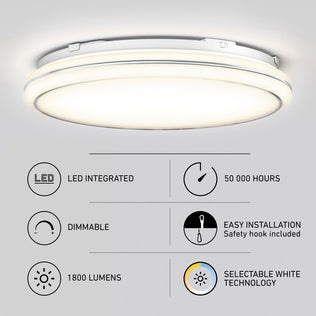 The Artika Emina 13 in. LED flush mount light 3 CCT features an integrated LED with 50,000-hour lifespan, easy installation with safety hook, selectable white technology, and delivers 1800 lumens—a modern dimmable ceiling fixture for any space.