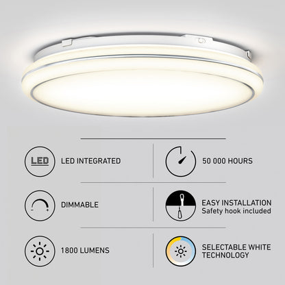 The Artika Emina 13 in. LED flush mount light is shown above icons for LED integration, 50,000-hour lifespan, dimmable function, easy installation with safety hook, 1800 lumens, and selectable white (3 CCT) technology.