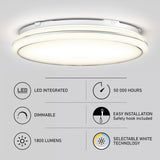 A round LED ceiling light fixture is shown above icons highlighting its features: LED integrated, 50,000 hours lifespan, dimmable, 1800 lumens, easy installation with safety hook, and selectable white technology.