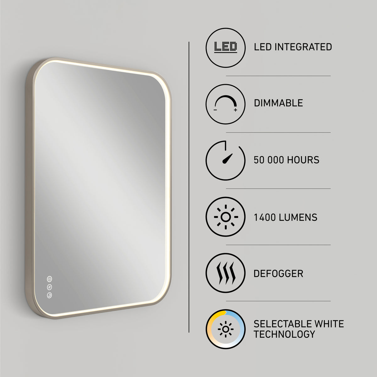 The Artika Royce Dimmable LED Mirror offers 3 CCT, adjustable brightness, defogger, 50,000-hour lifespan, and 1400 lumens. Three touch buttons provide easy control. Can be mounted horizontally or vertically for versatility on any gray wall.