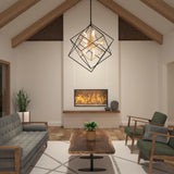 A modern living room with a gray sofa, green armchairs, wooden coffee table, geometric chandelier, wall-mounted fireplace, and potted plants. The space has vaulted ceilings with exposed wooden beams.