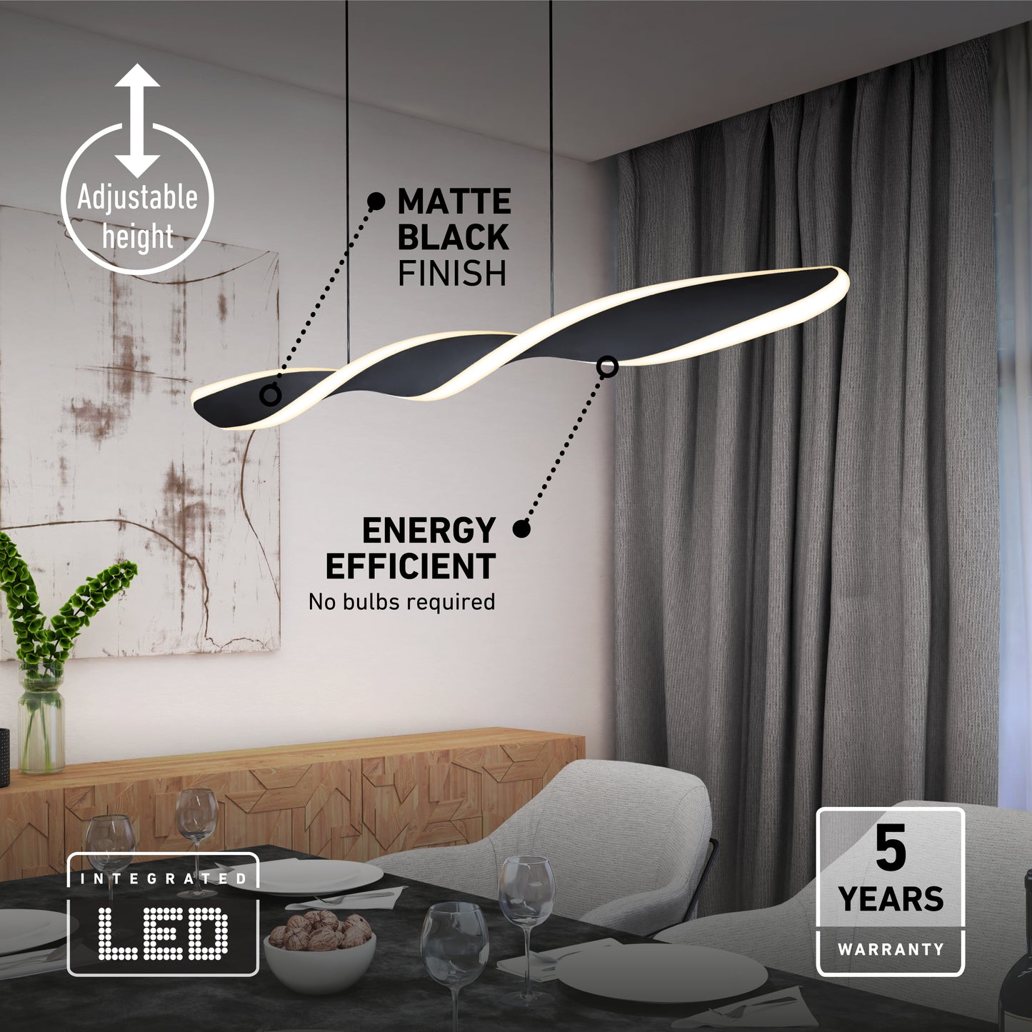 Modern dining room with an Artika Finley Linear LED pendant light (3 CCT, matte black) hanging over a table for four, featuring adjustable height, energy efficiency, and a 5-year warranty.
