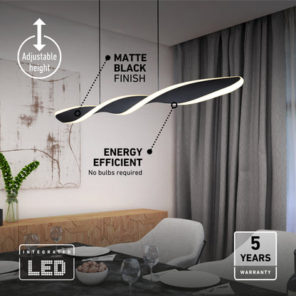 Modern dining room with an Artika Finley Linear LED pendant light (3 CCT, matte black) hanging over a table for four, featuring adjustable height, energy efficiency, and a 5-year warranty.