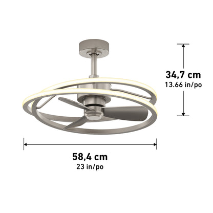 The Artika Coda 23 in. LED modern ceiling fan features a sleek circular light kit, metallic finish, three blades, and comes with a remote. Measuring 58.4 cm wide and 34.7 cm high, it's perfect for stylish illumination in any room.