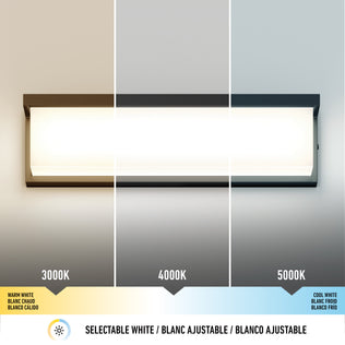 Artika Bristol modern LED vanity light offers 3 CCTs: 3000K, 4000K, and 5000K, each labelled for warm, neutral, or cool lighting.