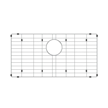 The Artika Newport single bowl stainless steel workstation sink features a rectangular metal grid with evenly spaced bars, black corner protectors, and a central circular cutout.