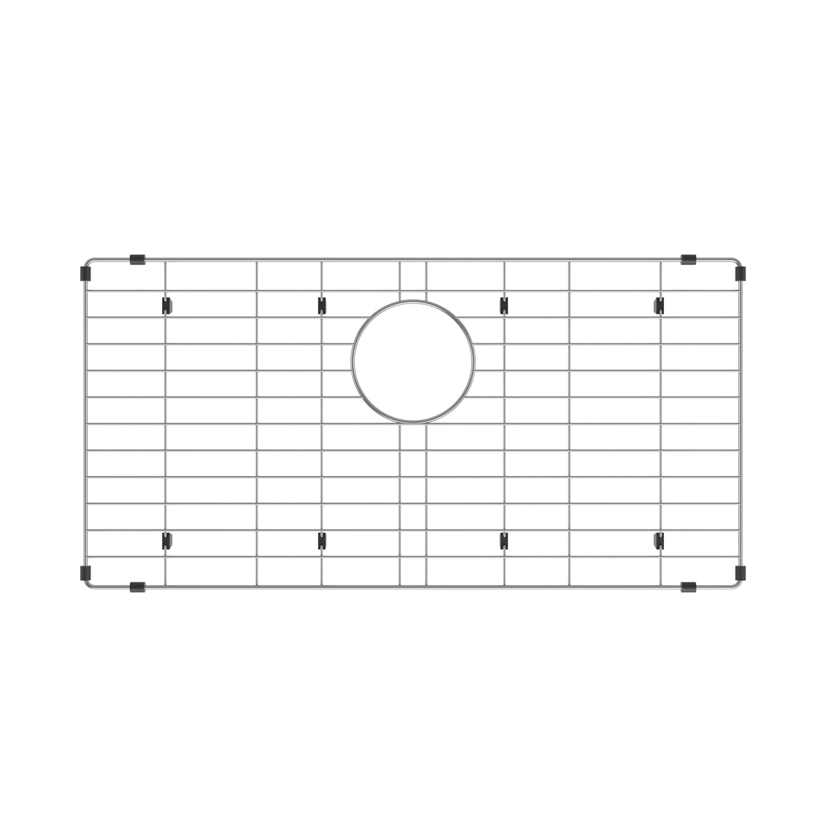 Metal sink grid with a rectangular shape, evenly spaced horizontal and vertical bars, black protective bumpers at the corners, and a circular cutout in the center.