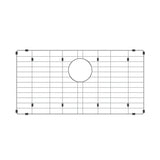 Metal sink grid with a rectangular shape, evenly spaced horizontal and vertical bars, black protective bumpers at the corners, and a circular cutout in the center.
