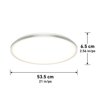 The Artika Europa 21 in. LED modern flush mount light, shown here in white and round design, measures 53.5 cm (21 in) wide and 6.5 cm (2.56 in) high and comes with a remote control.