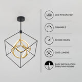 Modern geometric LED pendant light with gold and black design hangs from the ceiling. Features listed: LED integrated, dimmable, 50,000 hours lifespan, 2000 lumens, and easy installation with safety hook included.