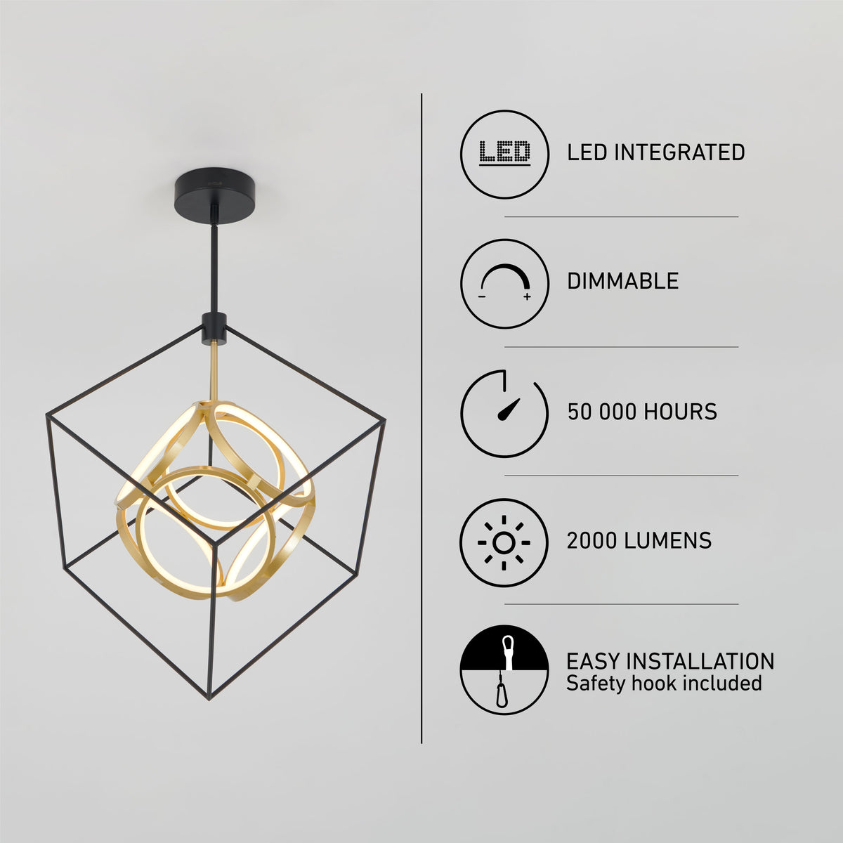 The Artika Luxury LED pendant light features a gold and black geometric design, delivers 2000 lumens, is dimmable with an integrated LED (50,000-hour lifespan), and offers easy installation with a safety hook included.