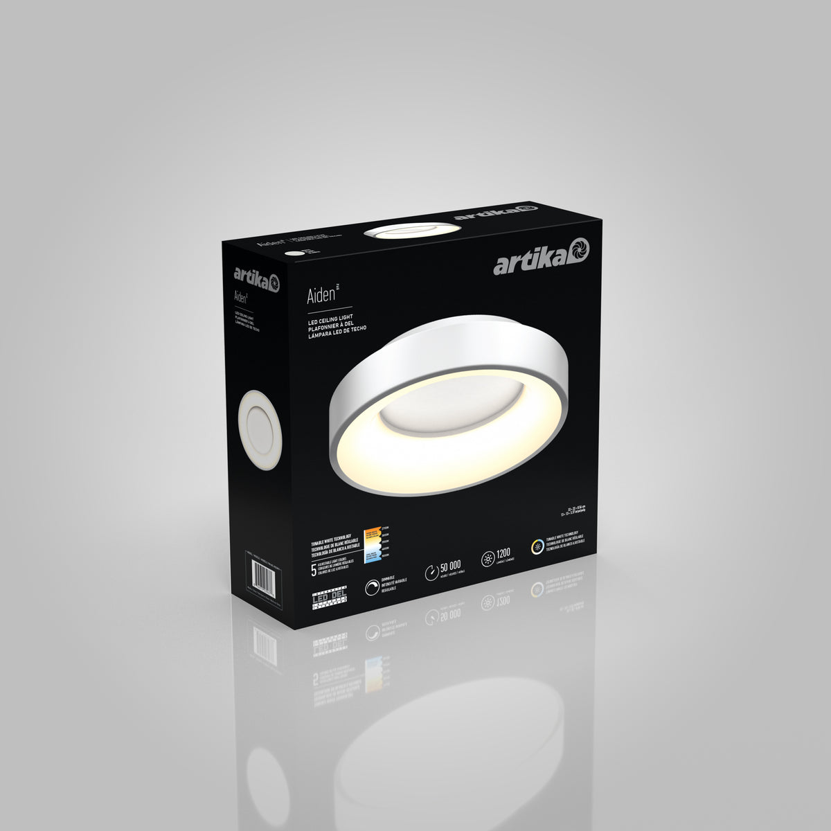 A black box with Artika branding displays an image of a round, modern LED ceiling light called Aiden. The packaging highlights energy efficiency, brightness, and product features on a plain light grey background.