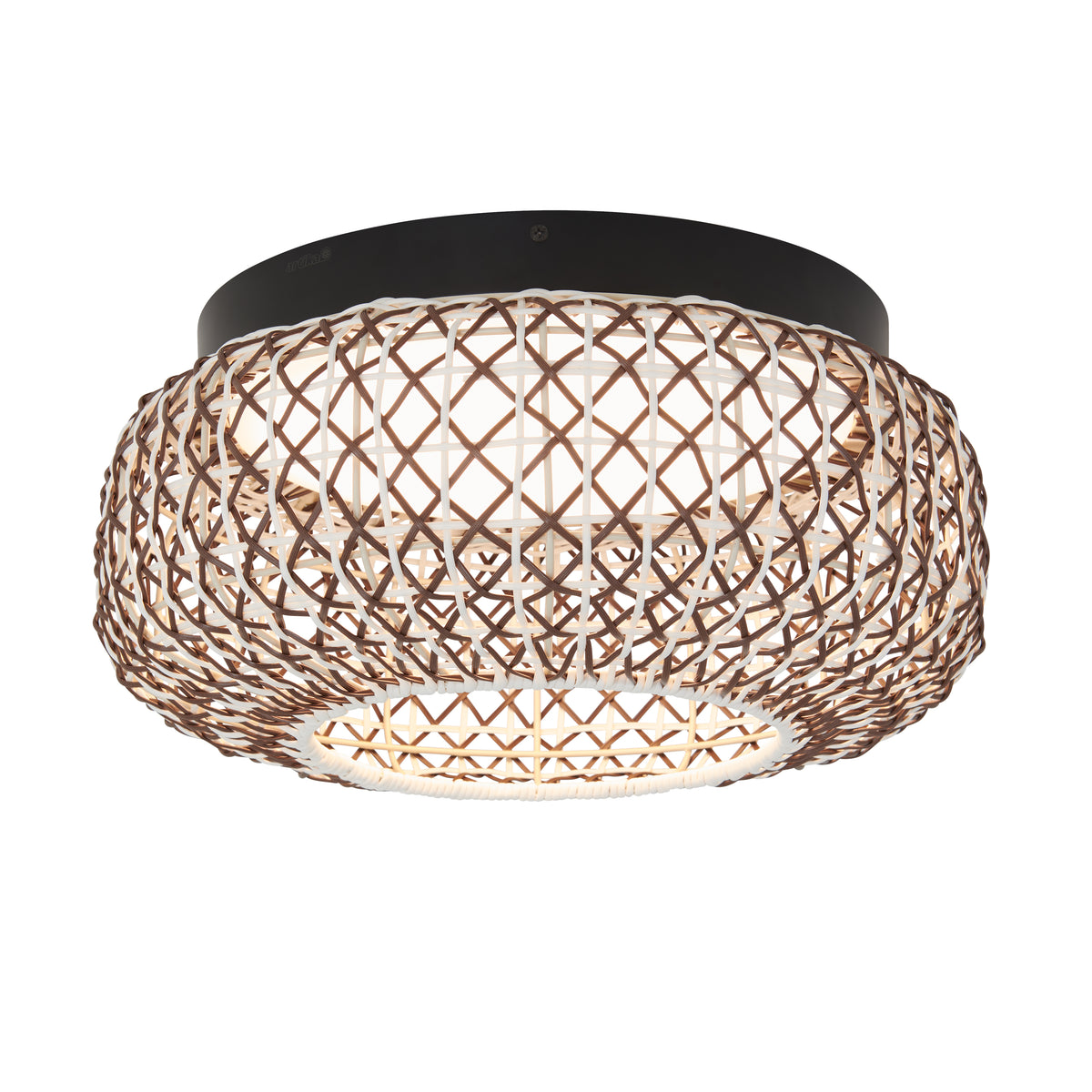 A modern ceiling light fixture with a round, woven rattan shade and a black mounting base, casting a warm, diffused light through its lattice pattern.