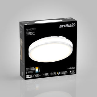 Black box for Artika Hemisphere 15 in. LED Flush Mount Ceiling Light 5 CCT, with product image and adjustable brightness on front.