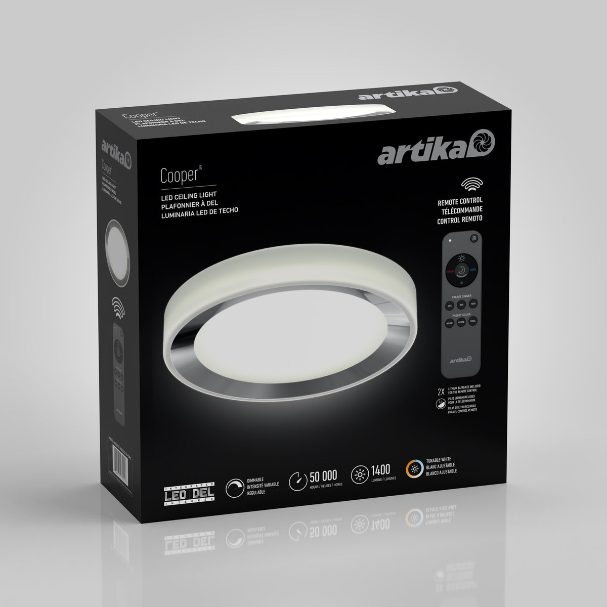 Black and gray box for an Artika Cooper LED ceiling light, featuring an image of the circular light fixture and a remote control on the front. Text highlights brightness, lifespan, and remote control features.