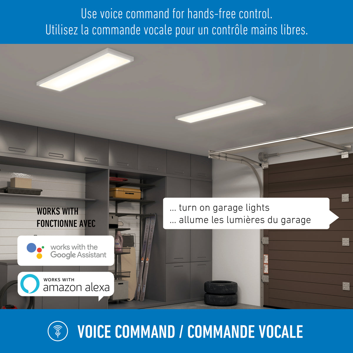 A modern garage with Artika Skyshade smart RGB LED panels, featuring English and French voice controls and storage cabinets.