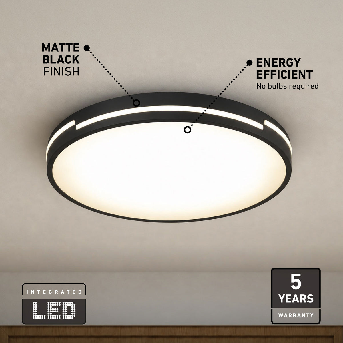 Artika Delray 16″ LED Flush Mount, 5 CCT, matte black, energy efficient, 5-year warranty—sleek on any white ceiling.
