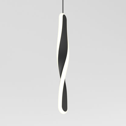 The Artika Finley modern LED pendant light 5 CCT features a black vertical design with a twisted, sculptural form, bordered by soft white illumination and set against a plain gray background.