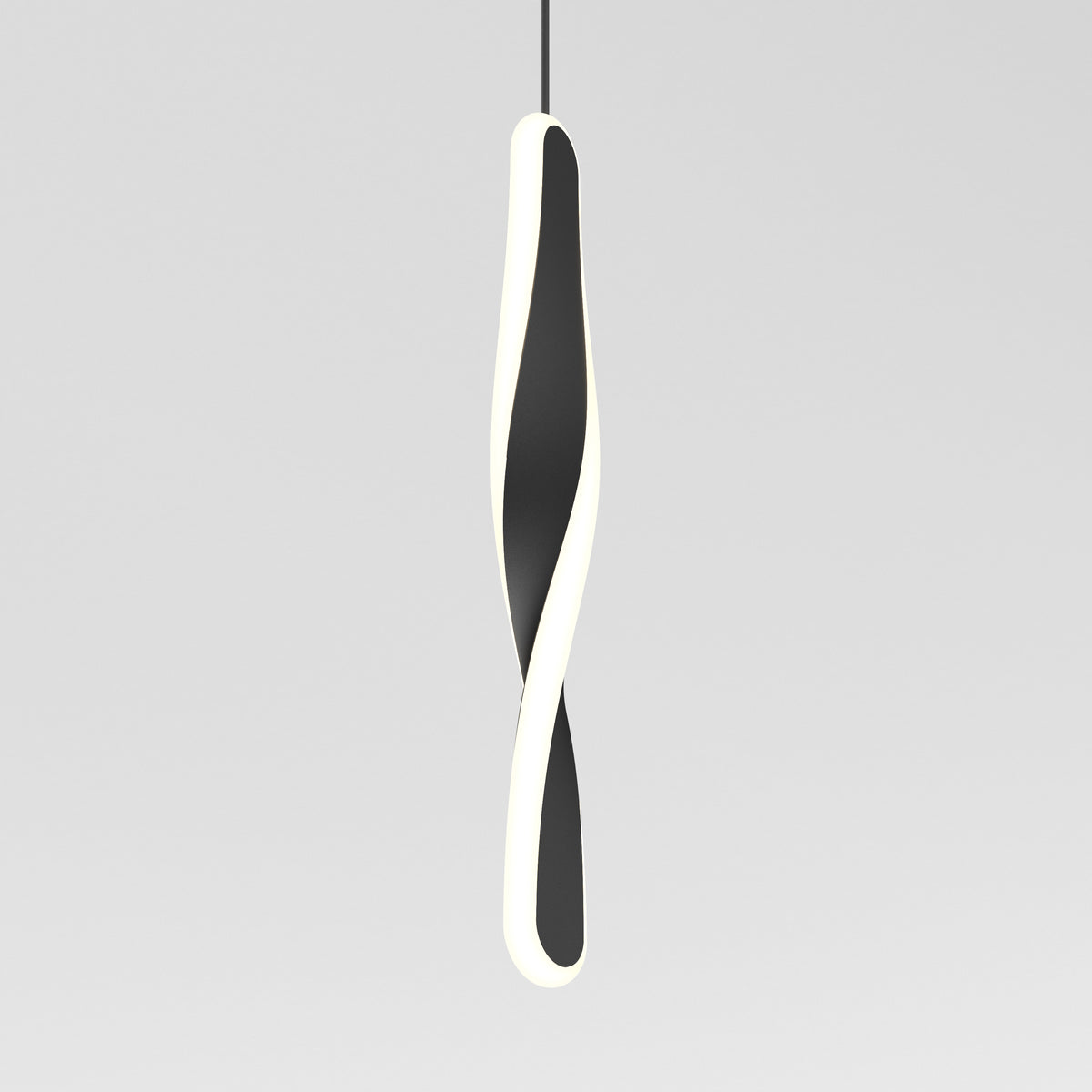 A modern pendant light with a sleek, twisted, vertical design featuring a central black core outlined by a continuous, glowing white LED border, suspended against a plain light gray background.