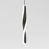 A modern pendant light with a sleek, twisted, vertical design featuring a central black core outlined by a continuous, glowing white LED border, suspended against a plain light gray background.