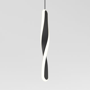 The Artika Finley modern LED pendant light 5 CCT features a black, twisted elongated design with a glowing white edge, suspended from the ceiling against a plain light gray background.