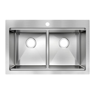A top-down view of the Artika Newport twin bowl 33 in. stainless steel workstation sink, featuring sharp rectangular edges and a single faucet hole centered above the divider.