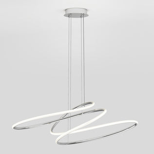 The Artika Swirl Butterfly LED contemporary pendant light features two intertwined oval rings suspended by thin wires from a white round mount, offering 3 CCT options, and is shown against a plain light gray background.