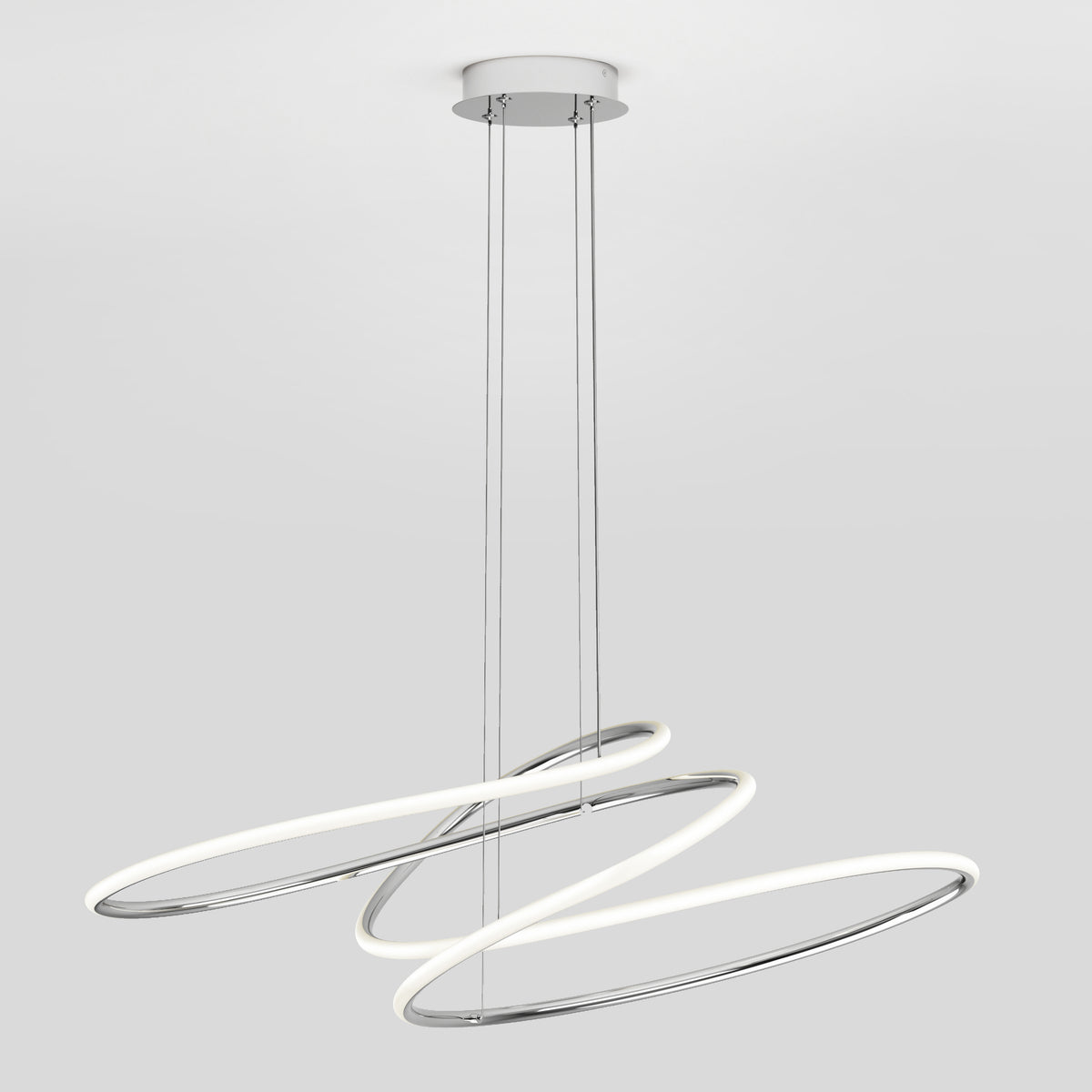 Modern ceiling light fixture with two intertwined, oval-shaped LED rings suspended by cables from a round base, set against a plain light gray background.
