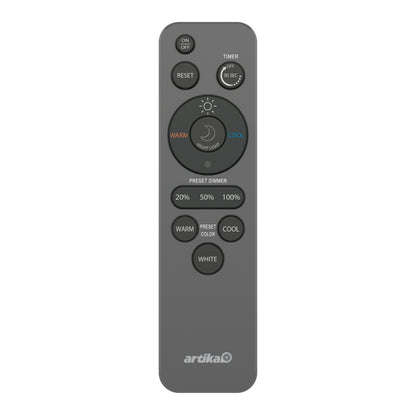 The Artika Europa 21 in. LED modern flush mount light comes with a black remote control featuring on/off, timer, reset, warm/cool light, preset dimmers (20%, 50%, 100%), preset color settings, and a central night light button.